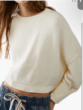Free People Cream Cropped Crewneck Sweater